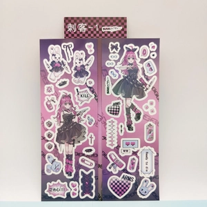 Detail view of Menhera anime stickers featuring gothic dark-cute pink hair girl characters