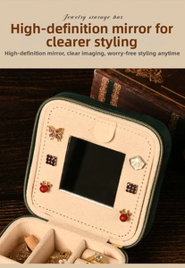 Internal view of green velvet jewelry box featuring built-in mirror and ring slots