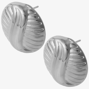 Macro detail of silver 304 stainless steel earrings with organic shell-like texture