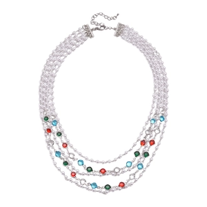 Multi-layer baroque pearl necklace with colorful gemstones and vintage silver clasp