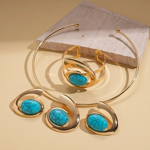 Bohemian gold resin turquoise jewelry set with oval twisted collar necklace and cuff bracelet