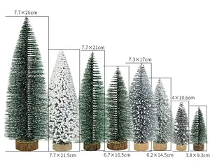 Size chart for mini Christmas trees showing dimensions from 9.3cm to 26cm in height