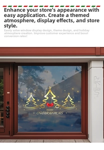 Detail of Christmas window stickers with gold trees, red bows, and Merry Christmas text
