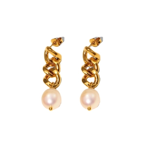 18K gold plated stainless steel geometric chain earrings with baroque freshwater pearls