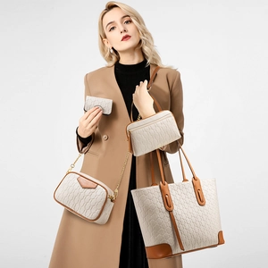 Fashionable beige tote bag set with brown trim and embossed PU leather for women