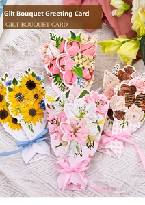 Detail of 3D bouquet cards with gold foil patterns, silk ribbons and floral cutouts