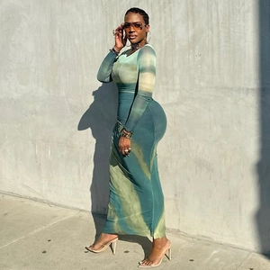 Slim fit long sleeve bodycon dress with green yellow gradient pattern for women