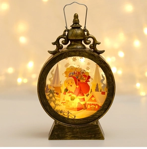 Macro view of a bronze Christmas lantern with LED candle and Santa scene decor