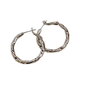 Polished silver geometric pleated hoop earrings with lava texture for women