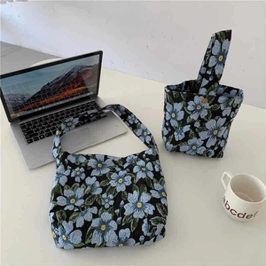 Vintage Floral Shoulder Bag And Handheld Cosmetic Pouch Jacquard Canvas Fabric French Aesthetic Retro Tote For Women Girls