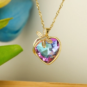 Heart Pendant Necklace Copper 18K Gold Plated Gradient Crystal Dragonfly Zircon Elegant Jewelry For Women