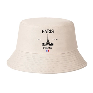 Beige cotton twill bucket hat with Paris Eiffel Tower print and France flag detail