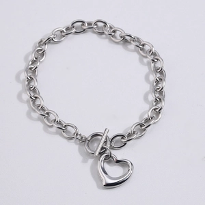 Polished stainless steel chain bracelet with T-bar toggle clasp and hollow heart pendant