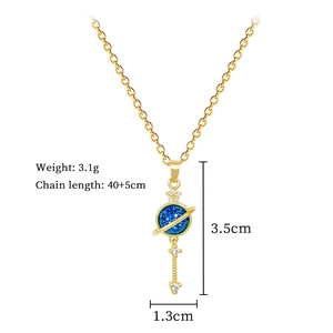 Detail showing gold galaxy necklace with blue planet pendant and size specifications