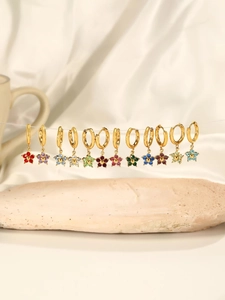 Detailed set of colorful gemstone flower pendants on gold-plated stainless steel hoop earrings