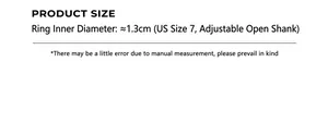 Size guide for irregular open ring showing US size 7 and 1.3cm width parameters
