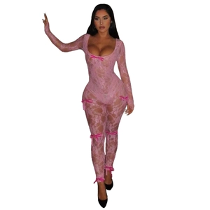 Pink long-sleeve lace bodysuit for women featuring elegant pink bow accents and cutout design