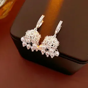 Neo-Chinese Zircon Bell Tassel Artificial Pearl Drop Earrings Copper Silver Earring Post Light Luxury Vintage Jewelry For Women