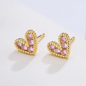 Elegant 18K gold plated copper heart stud earrings with pink cubic zirconia stones