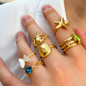 French vintage gold rings set with natural white shell, pearls and colorful gemstones