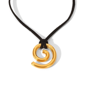 Minimalist gold spiral pendant necklace with a black cord strap on a white background