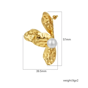 Golden textured petal earrings with white pearls, 57mm height, high quality finish