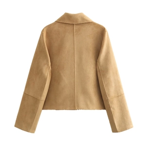 Rear view of a camel faux suede short jacket for women featuring clean seam detailing
