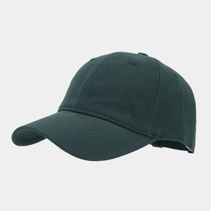 Detailed view of dark green cotton baseball cap showing six-panel structure and vent holes