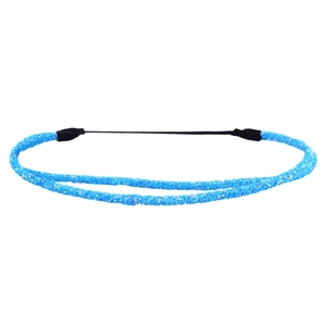 Detail of blue glitter headband with double sequin strands and black elastic strap