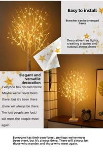 Detail of LED birch tree lamp with warm lights on a bedside table for home decoration