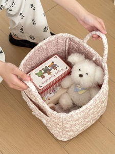Pink floral quilted corduroy storage basket with handles for home organization