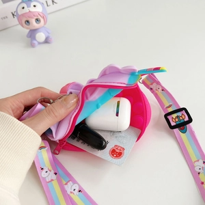 Detail of unicorn fidget bag showing capacity for earphones and small items