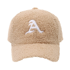 Thick plush teddy fleece baseball cap in khaki with white letter A embroidery detail
