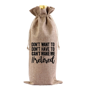 Detail view of jute wine bag with retired quote print and drawstring closure