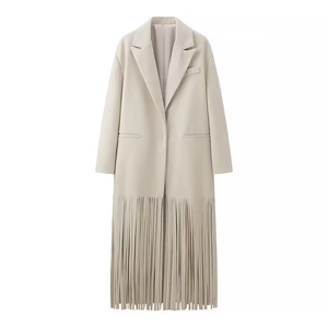 Robe Trench-Coat Longue Élégante pour Femme Avec Col Tailleur et Ourlet à Franges Blanc Crème Polyester Manches Longues