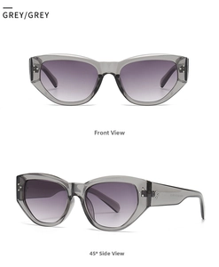 Moderne Cat-Eye-Sonnenbrille mit grauem Transparent-Rahmen und lila Verlaufsgläsern