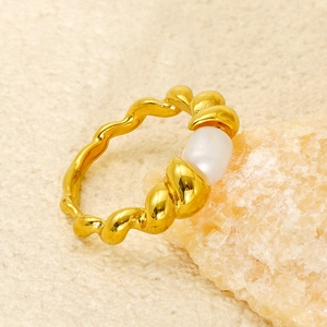 Twisted Wave Ring Stainless Steel 18K Gold Plated With White Artificial Pearl Elegant Minimalist Fashion Jewelry Gift For Women