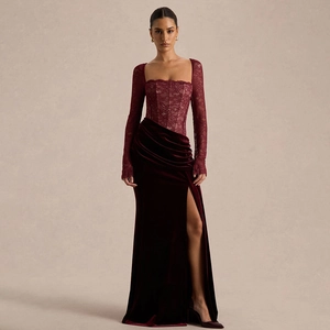 Sexy Lace Velvet Patchwork Evening Dress Square Neck High Slit Long Sleeve Backless Elegant Floor Length Gown For Women