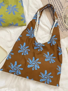 Blue floral canvas tote bag with brown base, retro aesthetic casual large shoulder handbag