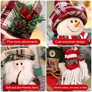 Standing Christmas Santa and Snowman plush dolls with red plaid and vintage knit fabric