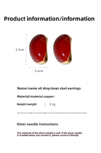 Detailed size parameters of red drip oil bean stud earrings with dimensions and weight