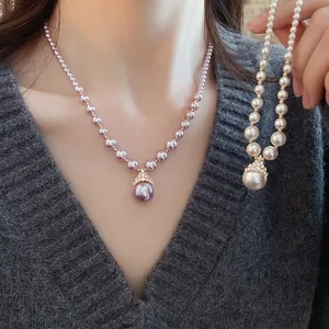 Parure collier de perles plaqué or 18k avec pendentif couronne en diamant pour femme