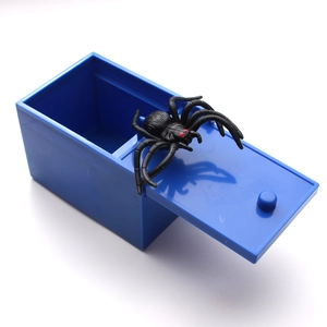 Blue sliding spider prank box with realistic black spider popping out for Halloween fun