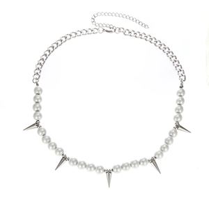 Hip hop pearl and titanium steel splicing necklace with silver cone pendants