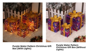 Three purple Christmas gift boxes with gold bows shown in lit and unlit modes