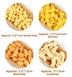 Detailed PVC food models of peas, corn, almonds and cashews with size measurements