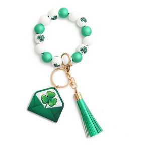 St. Patrick's Day wooden bead keychain with green Lucky charm and clover envelope