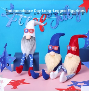 Three long-legged Fourth of July patriotic gnomes with star and stripe patterns