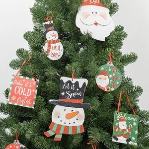 Christmas Hanging Ornaments Wooden Santa Snowman Signs Glitter Holiday Tags For Tree Wall Decor With Lanyards