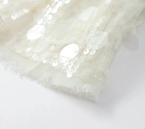 Detailed view of sequin embellishments on mesh fabric with elegant fringed edges